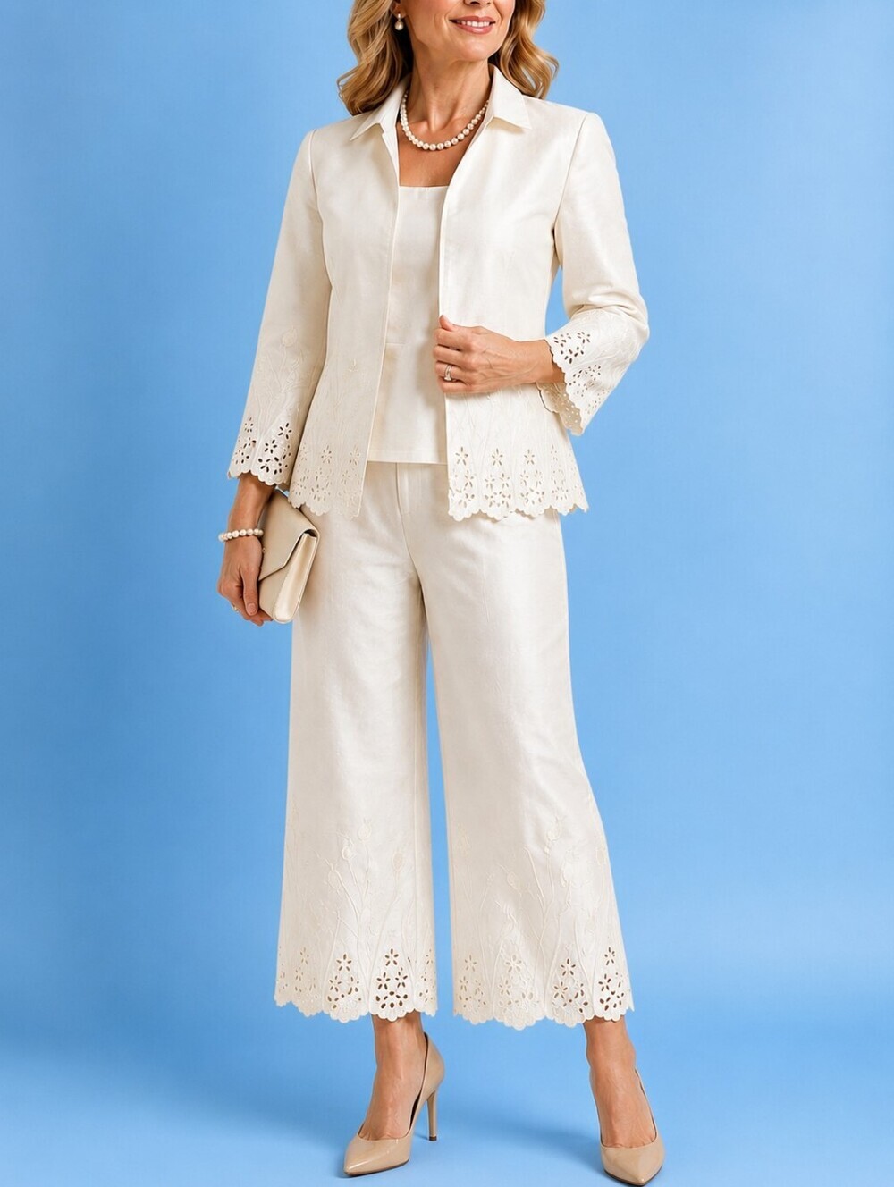 Vintage Cachet Silk 3 Piece Pant Suit Cream Embroidered Jacket Pants Shell  4/6